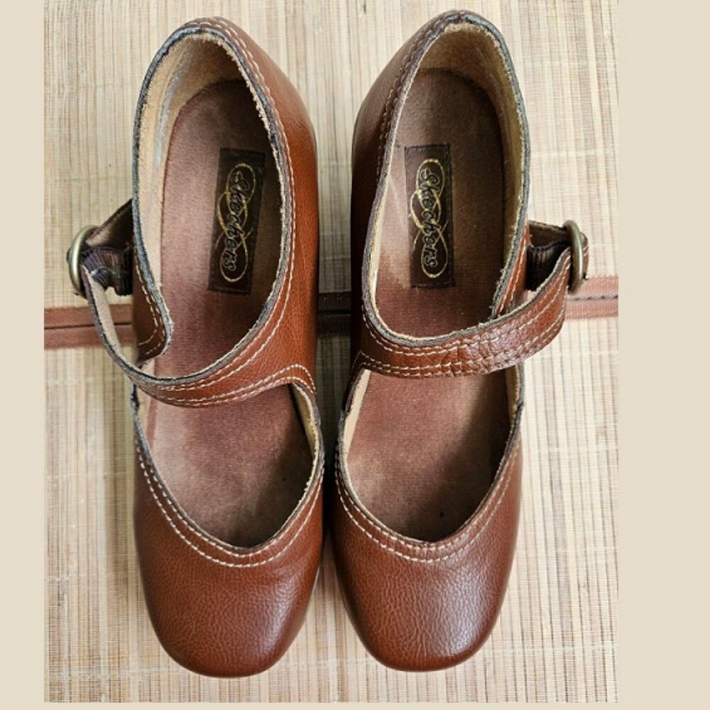 Skechers Womens brown Wedge heel Mary Jane ankle buckle adjustable strap Size 8